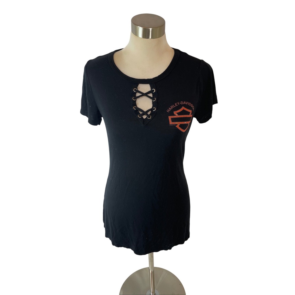 Harley-Davidson Black Rhinestone Logo Lace Up Tee T-Shirt Top Women's‎ Size M